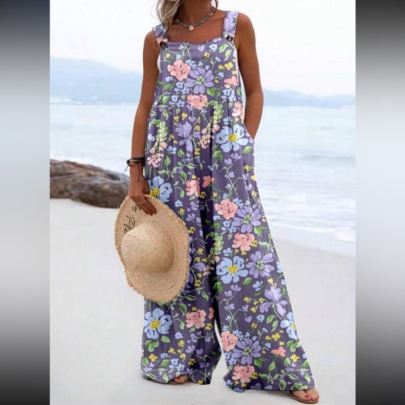 Boho Plus Size Floral Print Overall Wide Leg Jumpsuit - Picture 2 of 7